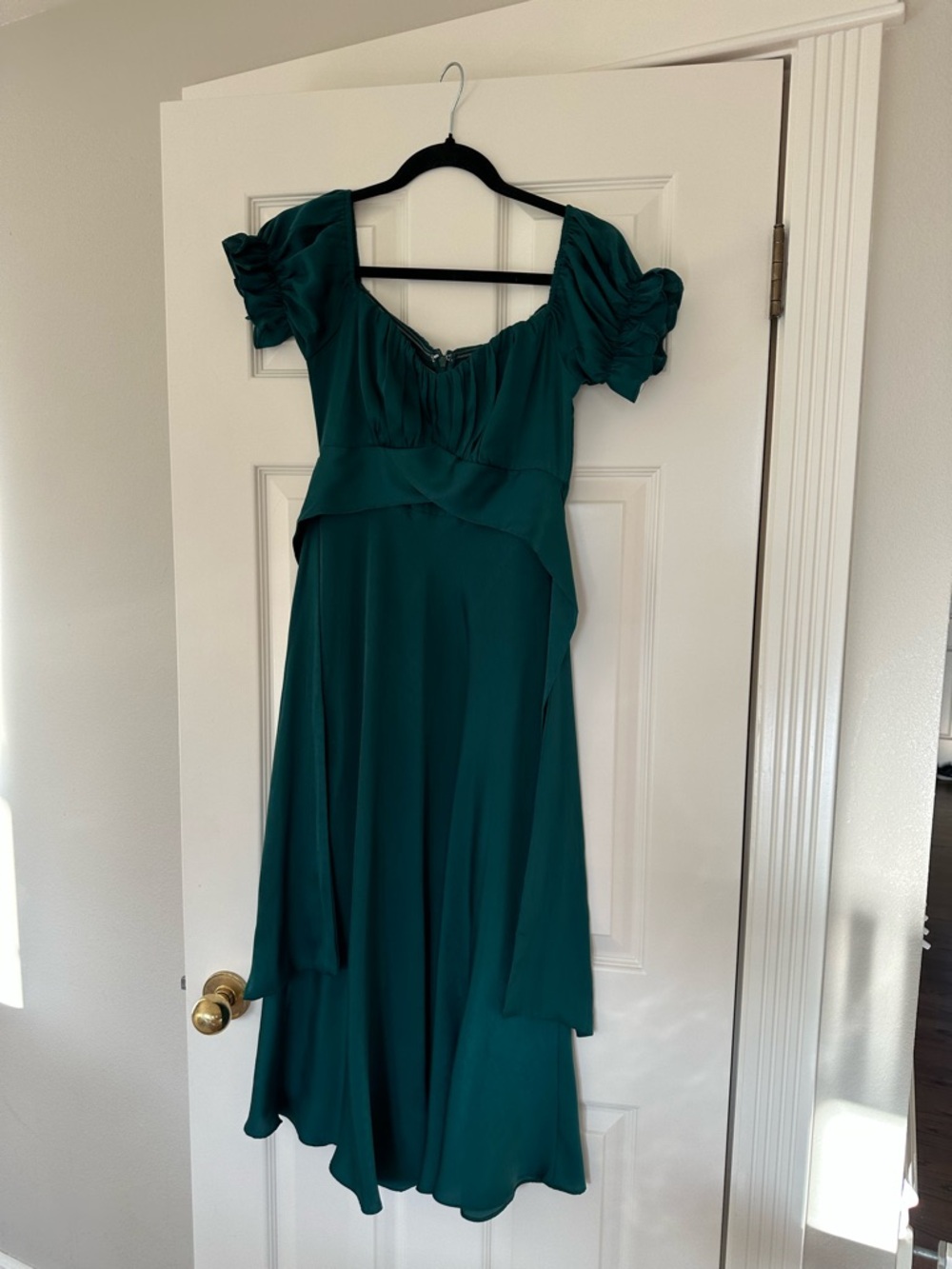 Pedal & Pup Emerald Green Midi Silk Dress with Puff Sleeves